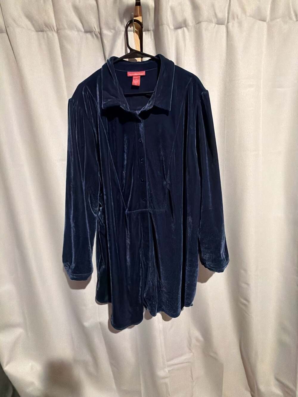 Woman Within Blue Velvet Long Sleeve Button Down Tunic Shirt Size 3X